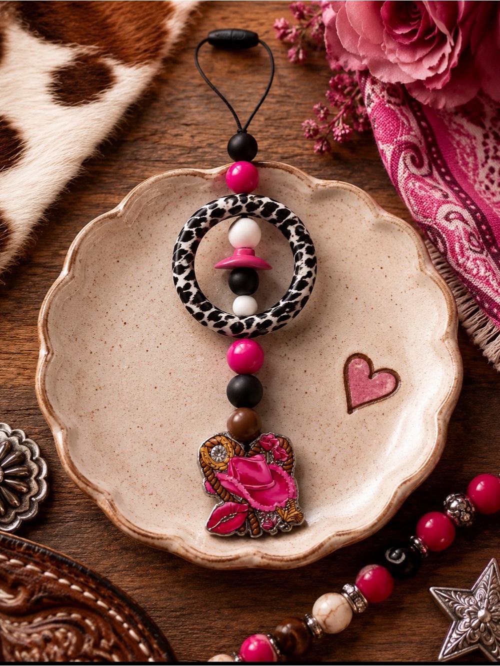 Hand Crafted Pink and Black Beaded Leopard Ring hanging Car Charm